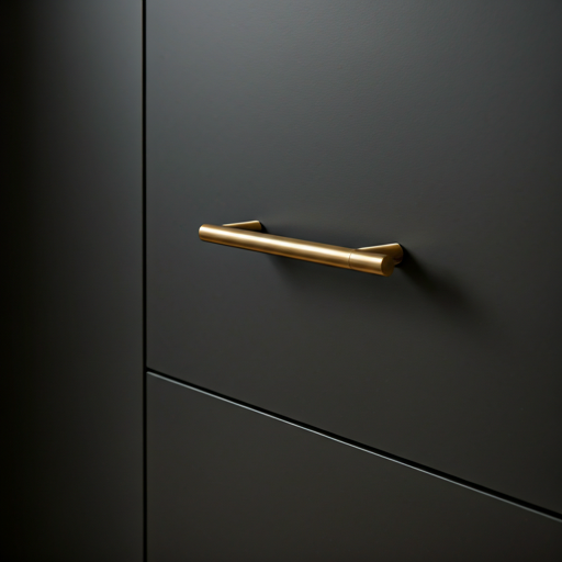 Close up detail of high end custom kitchen cabinetry. Smooth matte charcoal finish paired with brushed gold minimalist handles. The depth of field highlights the flawless joining and premium materials.