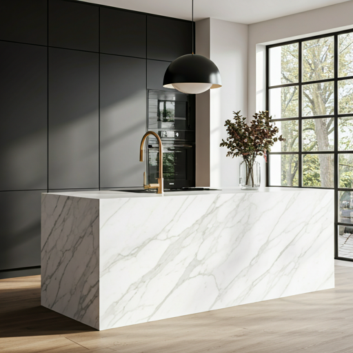 A stunning, modern minimalist kitchen featuring a massive white marble island with subtle grey veining. Sunlight streams through large architectural windows, highlighting custom matte black cabinetry and sleek gold hardware. The atmosphere is serene, high-end, and perfectly curated for a luxury lifestyle.