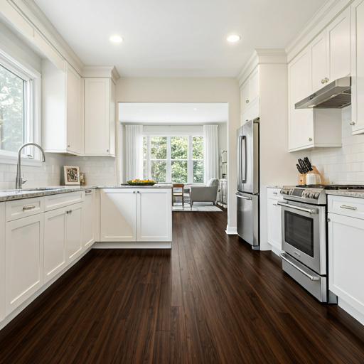 A wide angle view of an open concept luxury kitchen transitioning seamlessly into a living space. Rich dark wood floors contrast with pristine white cabinetry. Professional grade stainless steel appliances are integrated flawlessly.